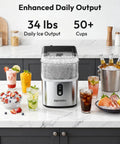 No Fuss Compact Countertop Nugget Ice Maker 34 Pounds Daily Production Quick Seven Minute Fresh Batch Smooth Chewable Pebble Chiller For Home Bars And Casual Gatherings with drinks and ice.