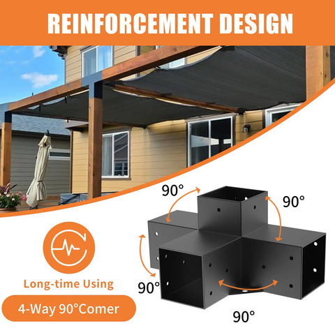 4-Way Right Angle Pergola Brackets for 3.5x3.5 Inch Lumber, Heavy-Duty Steel Corner Brackets for DIY Gazebo and Deck Supports, 2 Pack With Screws, Rust-Resistant Finish, Easy Install