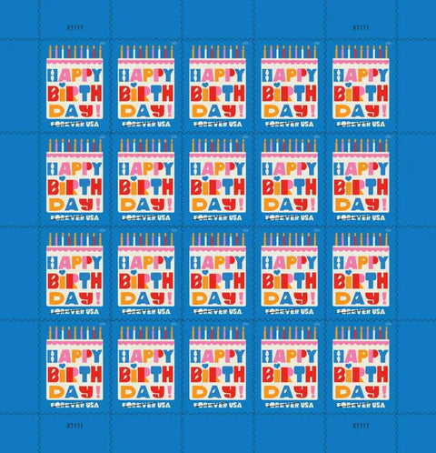 Birthday Forever Stamps 2026 Edition Two Sheets Of 20 Featuring An Oversized White Birthday Cake With Bright Colorful Candles