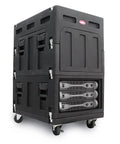 Mighty Gig Rig With 14U Top Rack And 6U Front Rack Built In Pedestal And Optional Rear Rack Rails For Deep Mixers Tough As Nails Injection Molded Side Handles Locking Latches And Wheel Set With Lock, shown from front and side with audio gear installed.