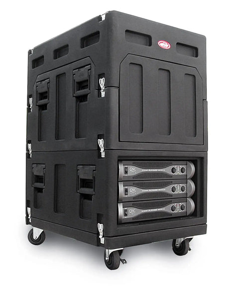 Mighty Gig Rig With 14U Top Rack And 6U Front Rack Built In Pedestal And Optional Rear Rack Rails For Deep Mixers Tough As Nails Injection Molded Side Handles Locking Latches And Wheel Set With Lock, shown from front and side with audio gear installed.
