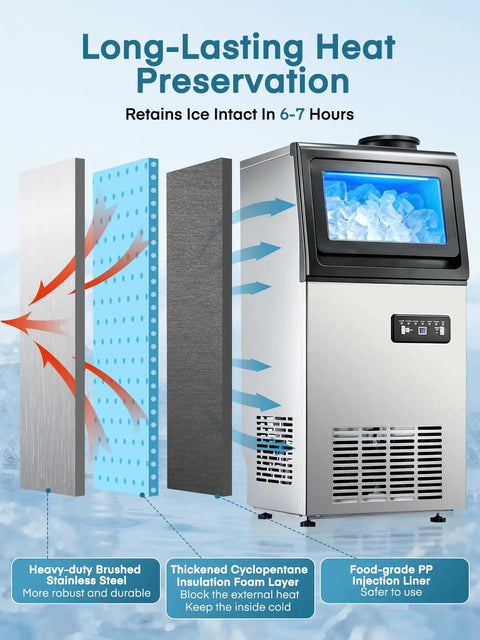 Cross-section view of Beast Mode Ice Maker For Home Bar, 100 Lbs Per Day, Freestanding or Undercounter, showing insulation and material layers.