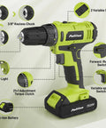 Rock Solid Go Getter 20V Cordless Drill Driver showcasing key features like 3/8" keyless chuck, LED light, and dual speeds.