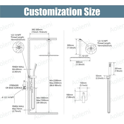 Polished Chrome 12 Inch Ceiling Mount Shower System With Rain Shower Head And Handheld Spray Luxury Shower Combo diagram