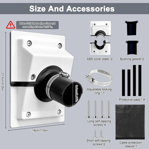 Weather Tough HVAC Wall Penetration Cover And Lineset Sleeve Kit Snug Fit For 1 3/4 Inch Refrigerant Lines showing size and accessory details.