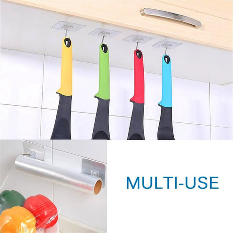 Tough As Nails Adhesive Wall Hooks Heavy Duty Sticky Hangers For Kitchen Living Room Bedroom And Dorm Skip The Drill Stainless Steel hooks holding colorful kitchen utensils.