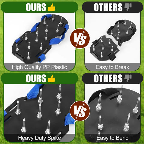 Comparison of lawn aerator shoes with spikes on classic durable PP sole, highlighting high quality and heavy-duty performance versus others