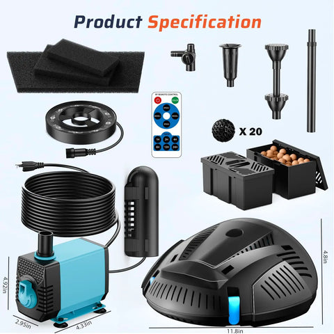 All In One Pond Filter Kit With UV Clarifier And 660GPH Submersible Pump RGB LED Lights Remote Control Versatile Fountain Nozzles