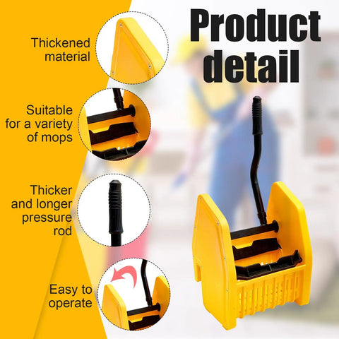 Yellow Down Press Mop Wringer Top Shelf Commercial Cleaning Gear Heavy Duty Workhorse Fits 26 Or 33 Quart Buckets side view with detailed features.