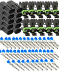 Kick Your Wiring Game Up With This Cool 10-Pack Weather Pack Series Kit Featuring Tough 2 Pin Male And Female Terminals That Handle 20 Amps For 10 To 12 Ga Wire Plus Extra Sealers And Housing Shrouds So You Can Fix Any Electrical Mess Fast., 10-pack weather pack connector kit with black housings, green seals, and blue terminal boots