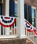 Patriotic Bunting Flags Set Of 6 Three Foot Long Outdoor Indoor Decoration Flags With Brass Grommets on porch railing