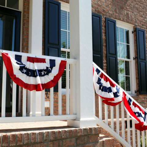 Patriotic Bunting Flags Set Of 6 Three Foot Long Outdoor Indoor Decoration Flags With Brass Grommets on porch railing