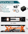 Heavy Duty Portable Car Lift For Home Garage Shop With Hella Tough Carbon Steel Construction And Dual Safety Locks Easily Raises Sedans And Light Trucks Up To Five Thousand Pounds Smoothly specifications with dimensions and components.