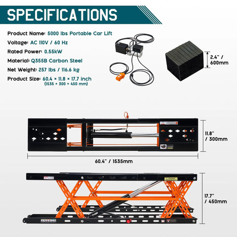 Heavy Duty Portable Car Lift For Home Garage Shop With Hella Tough Carbon Steel Construction And Dual Safety Locks Easily Raises Sedans And Light Trucks Up To Five Thousand Pounds Smoothly specifications with dimensions and components.