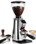 No Hassle Electric Coffee Bean Grinder With Adjustable Electronic Timer And Roomy 750 Gram Hopper Tailored For Espresso Portafilters in silver.