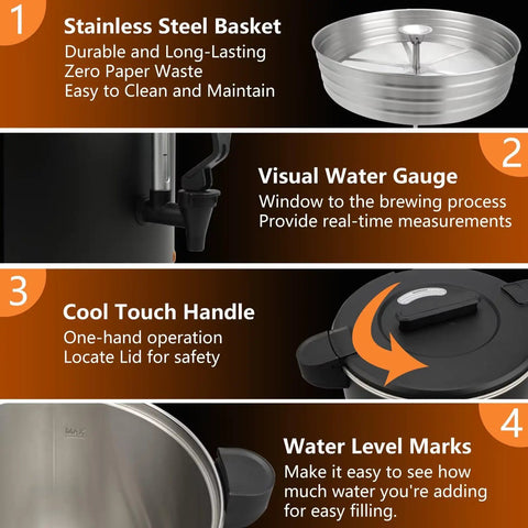 30 Cup Commercial Coffee Urn For Catering Pro Grade 6L Large Capacity With Double Wall Stainless Steel Brew System Dripless Faucet Quick Brew 750W High Volume Coffee Maker features and components.