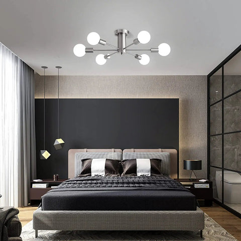 Bedroom with Six Light Sputnik Ceiling Light Fixture In Brushed Nickel, Semi Flush Mount, Mid Century Modern Chandelier above bed.