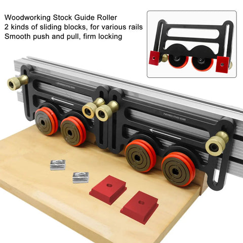 Precision Table Saw Guide Featherboard With Sliding Blocks And Double Wheel Bearing Roller For Router Tables And Band Saws, showing sliding blocks and rollers.