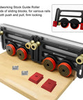 Rock Solid Double Wheel Bearing Locator Boards For Table Saw Featuring Grippy Rubber Rollers And Precision Sliding Plates For Zero Stress Wood Pressing Feeder Jig Assembly with red rollers and aluminum frame.