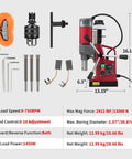 Powerful 1550W Magnetic Drill Press for Metal with accessories, dimensions 16.14" height, 13.19" width, 6.3" depth.
