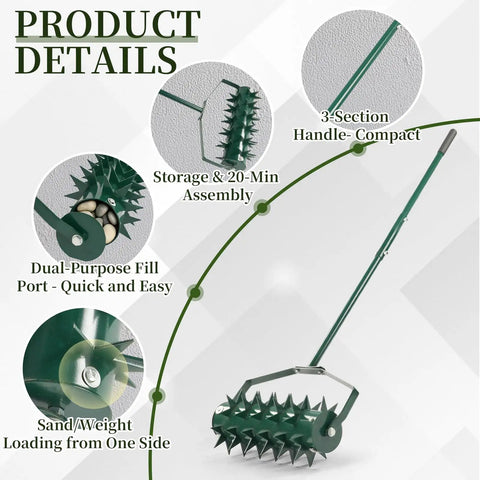 Rolling Lawn Aerator With Double Spike Design, Heavy Duty Manual Aerator Tool showing fillable drum, adjustable handle, spike roller.