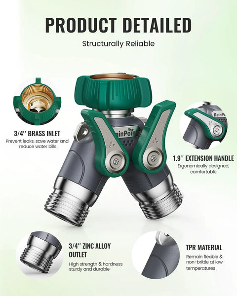 Built Tough Heavy Duty Garden Hose Splitter 2 Way With Shut Off Valve Three Quarter Inch Connector All Metal Body Full Flow No Fuss Outdoor Water Faucet Adapter Fittings, 3/4 inch brass inlet