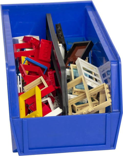 Blue 12 Pack Stackable Plastic Storage Bins For Home And Garage Organization filled with colorful plastic items