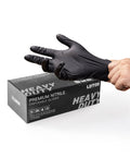 Black Nitrile Disposable Gloves 6 Mil Heavy Duty With Grippy Textured Fingertips, Powder Free, Latex Free, box and hand fitting glove.