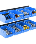Wall Mounted Tool Organizer Bins With 8 Plastic Bins And 2 Metal Tracks For Garage And Craft Room Storage Visual Labels For Nuts Bolts Screws Easy Access And Neat Workspace In A Busy Shop Blue, front view
