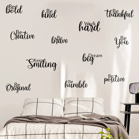 Bedroom with 12 Piece Inspirational Wall Decals Set With Peel And Stick Vinyl Quotes Removable Motivational Sayings For Office Nursery Classroom Dorm Teens Black Matte Finish on wall.