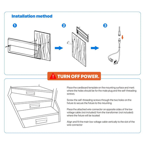 Installation diagram for Low Voltage Outdoor Step Lights Kit 12V AC Landscape Stair Lighting 8 Pack, 6W LED Deck Lights