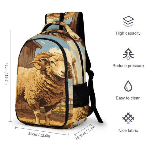 Curly Wool Ram Vintage Printed Unisex Backpack with Large Capacity, Durable Polyester, Breathable Fabric, 12.6x7.3x16.5 inches