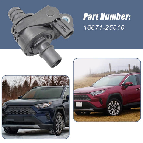 Drive Smooth And Stress Free With Heavy Duty Coolant Water Bypass Control Valve Engineered For Toyota And Lexus Platforms Straight Swap Replacement For Camry Rav4 Avalon Sienna Highlander Venza Es300h Es350 Nx250 Direct Fit 1667125010 - coolant valve close-up with Toyota RAV4 in background.