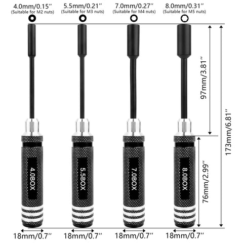RC Nut Driver Set With Titanium Coated Tips For Hobby Drones Quadcopters Cars And Planes Four Size Hex Wrenches 4.0mm 5.5mm 7.0mm 8.0mm Durable High Speed Steel Tools For Precise Repairs.