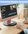 3 Pack 12 Inch Heavy Duty Rotating Swivel Stands That Roll Smooth as Butter With 360 Degree Lazy Susan Spin for Kicking Your Kitchen Cabinet Chaos to the Curb While Keeping Your Space Spick and Span used for a desktop monitor setup.