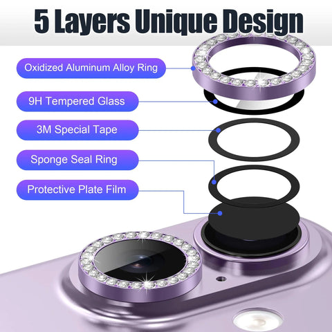 Five-layer design of Six Pack Camera Lens Protector Kit for iPhone 17 6.3 inch with bling diamond and glitter metal ring purple 9H