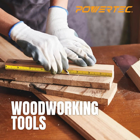 Person measuring wood with a ruler on a workbench, illustrating use of 4 Foot Self Adhesive Measuring Tape With Right To Left Imperial Readout For Super Handy Peel And Stick Metal Tape For T Track Workbench And Woodworking Tools Fits Table Saw Band Saw And Miter Saw