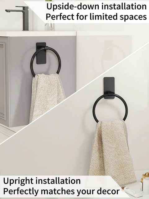 Adhesive Towel Ring For Bathroom No Drilling Install Easy Mount Hand Towel Holder with upside-down and upright views