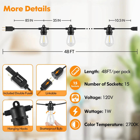 Diagram showcasing 2-Pack 96Ft Outdoor String Lights for Patio with Waterproof Dimmable 2700K LED Filament Bulbs, linkable design.