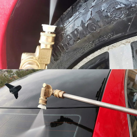 Close-up of Lucstar radiator cleaning wand accessory with brass quick-connect pivoting coupler and white nozzle
Installed view of Lucstar radiator cleaning wand on red car, long metal wand spraying windshield