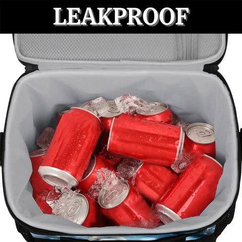 Open Insulated Picnic Backpack With Marbling Texture, showing cans and ice inside, leakproof, Portable Lunch Bag 12x8.7x10in
