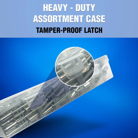 342 Piece Blind And Pop Rivet Kit With Aluminum Rivets And 304 Stainless Steel Backup Washers, heavy-duty case, close-up of latch.