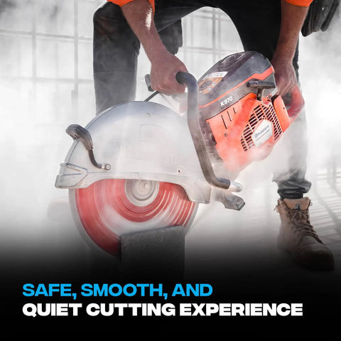 Worker using 12 Inch Universal Dry And Wet Diamond Blade For Concrete Saw With Turbo Segments For Beefy Quick Cuts