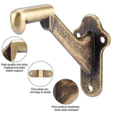 Rock Solid Handrail Stair Brackets For Staircases Heavy Duty Zinc Alloy Railing Supports With Screws Antique Brass Finish. Close-up of a wall-mounted bracket.