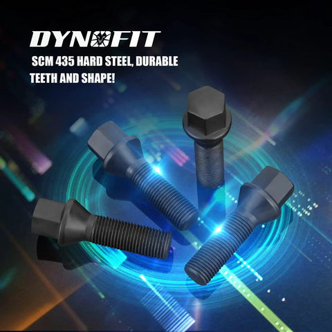Upgrade Your Rig With These Slick Extended Lug Bolts Featuring M12x1.5 Thread And Sixty Degree Conical Seat Designed For Aftermarket Wheels With Spacers To Securely Mount Your Bmw M3 M5 M6 X1 Z3 1 Series Three Series, four black SCM 435 steel bolts on a glowing background.