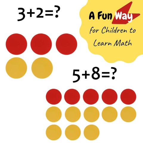 Two Color Counters for math exercises with red and yellow discs displaying math problems. Totally Kid Approved Two Color Counters 100 Pack In Heavy Duty Plastic Case Perfect For Math Practice And Probability Drills Classroom Ready Game Changer Built Different Smooth Handling Counting Tools For Students.