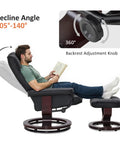 Manual Recliner With Ottoman For RV And Small Spaces 360 Degree Swivel Black Faux Leather With Dual Side Recline Knobs Cozy Padded Armrests Ideal For Living Room Bedroom And Home Office shown in reclined position with user.