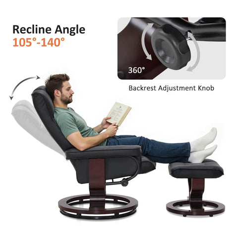 Manual Recliner With Ottoman For RV And Small Spaces 360 Degree Swivel Black Faux Leather With Dual Side Recline Knobs Cozy Padded Armrests Ideal For Living Room Bedroom And Home Office shown in reclined position with user.