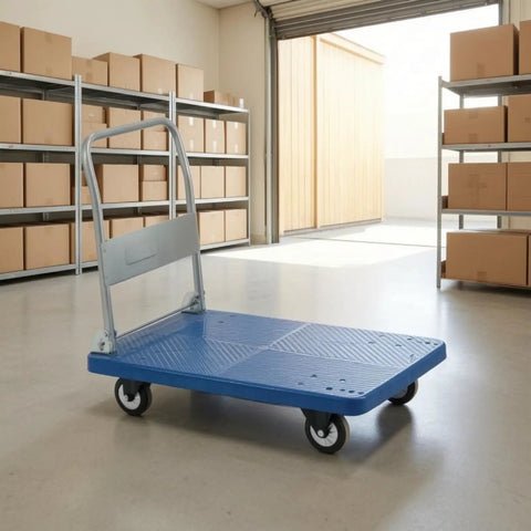 Heavy Duty Folding Transport Cart With Aluminum Handle And Rugged Deck For Easy Box Hauls In Warehouses Labs And Classrooms Four Wheel Push Cart For Daily Use And Reliable Smooth Mobility, blue deck in warehouse