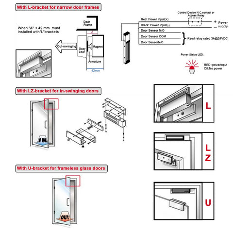 Installation guide for Built Like A Tank Magnetic Door Lock with different brackets for secure access control solutions.